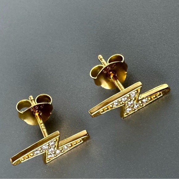 14K Gold Vermeil Lightning Bolt Stud Earrings - Picture 9 of 9